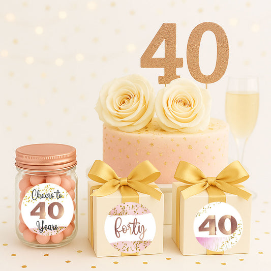 Cheers to 40 Years Party Stickers on Favor Boxes, Bottles, and Gifts