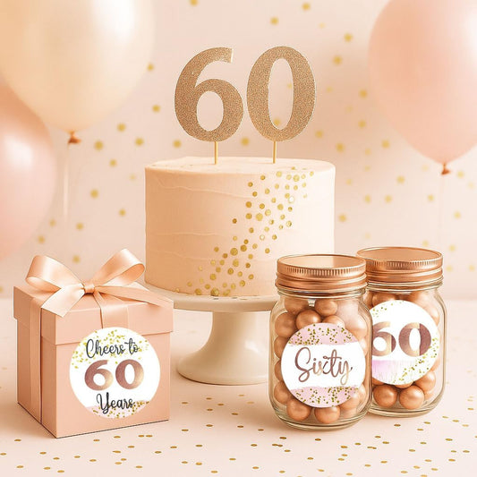 60th birthday rose gold stickers on favor jars and gift box with cake and balloons for milestone party decorations