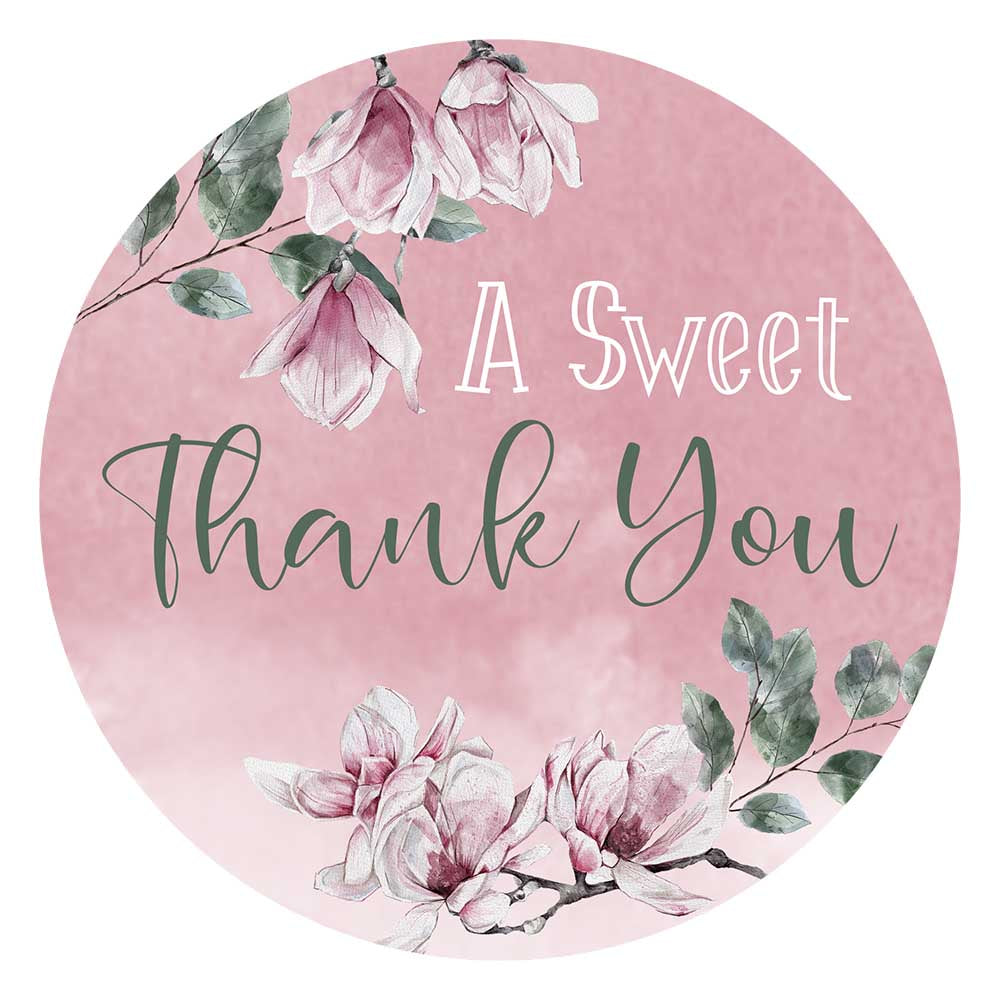 Blush pink magnolia floral thank you sticker for bridal showers, baby showers, and party favors