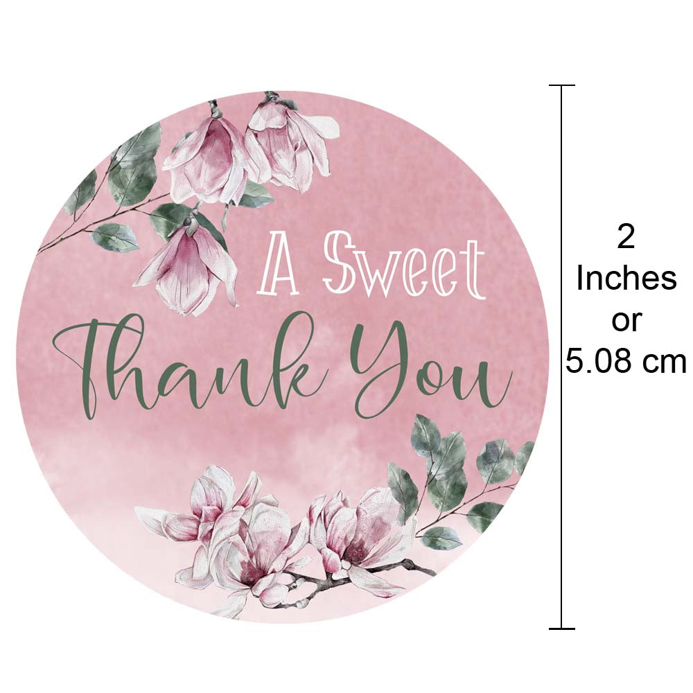 White magnolia thank you sticker shown at 2 inch size, set of 30 or 40, perfect for envelopes and favor bags