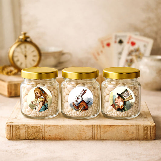 Alice in Wonderland party favor stickers decorating small jars for birthday party favors