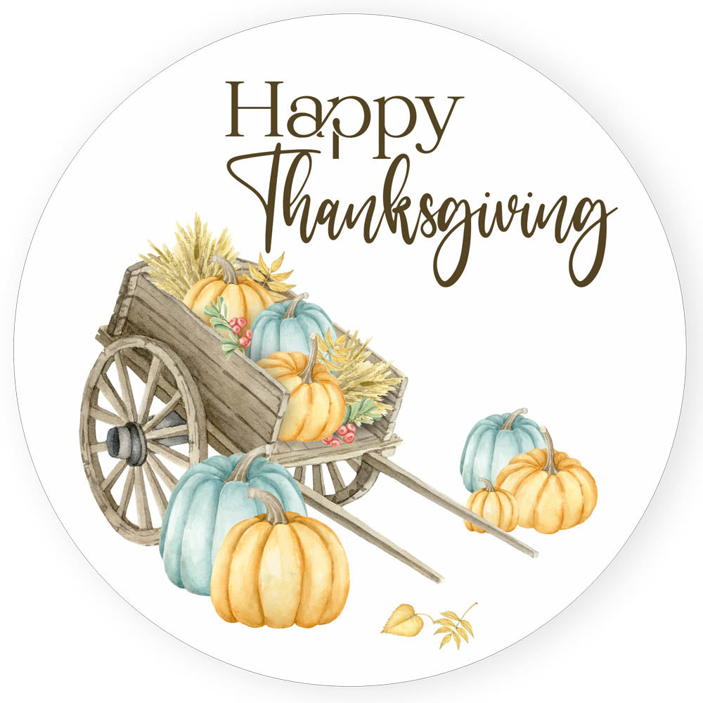 Watercolor Thanksgiving sticker with wheelbarrow, pumpkins, and “Happy Thanksgiving” greeting, 2.5 inch round label.