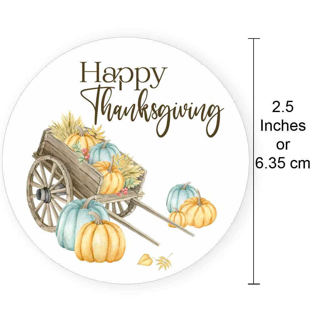 Happy Thanksgiving pumpkin sticker shown with size reference, 2.5 inches round, perfect for jars, gift bags, and favors.
