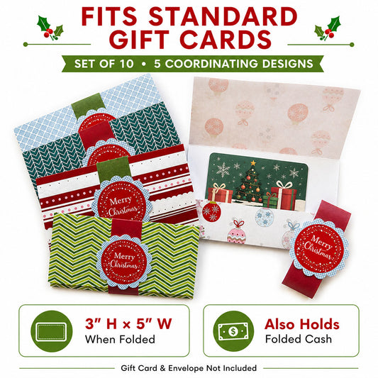 Christmas gift card holders in five festive patterns with coordinating belly bands and red Merry Christmas labels