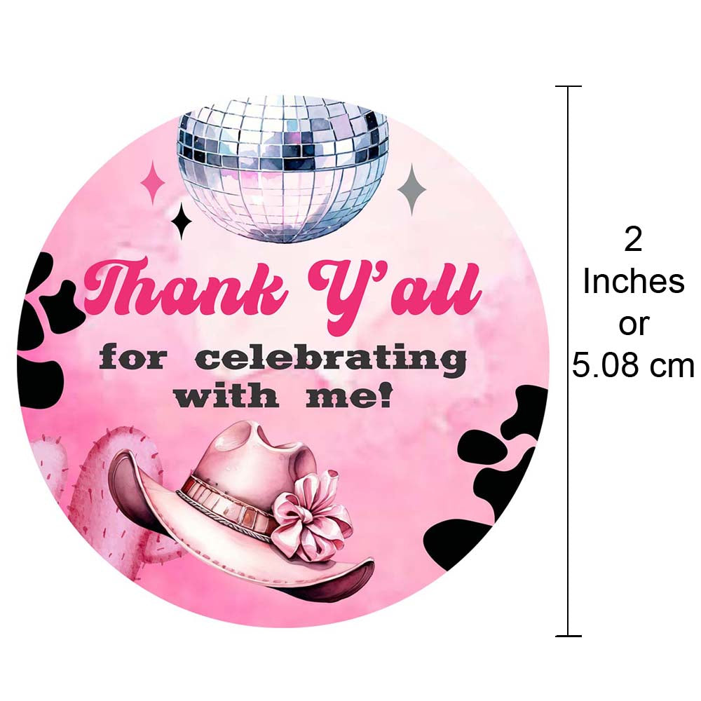 Disco Cowgirl sticker label with measurement chart showing 2 inches (5 cm) round size for party favors and gift bags.