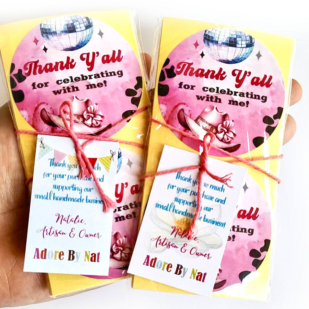 Set of Disco Cowgirl thank you stickers packaged in bundles with twine and Adore By Nat thank you card insert.