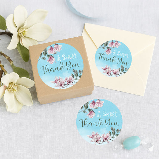 Elegant blue floral thank you label for favor bags, envelopes, and small business packaging