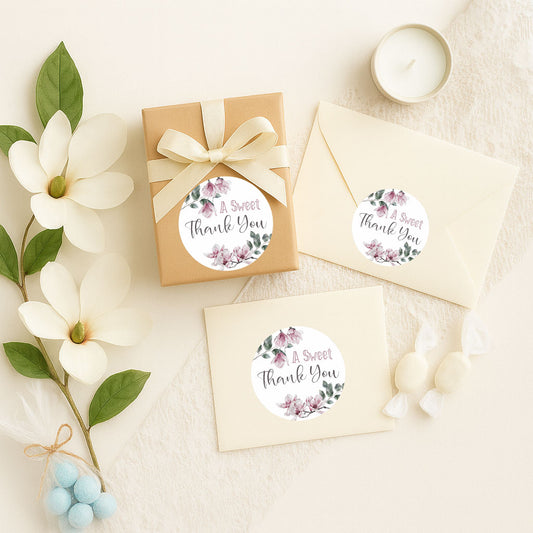 White Magnolia Thank You Stickers – 30 or 40 Round Labels (2") for Weddings, Baptisms & Anniversaries