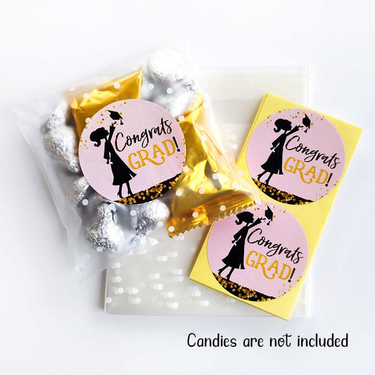 Graduation Favor Kit for Girls – 30 Congrats Grad Stickers + Bags - Pink, Black & Gold Theme