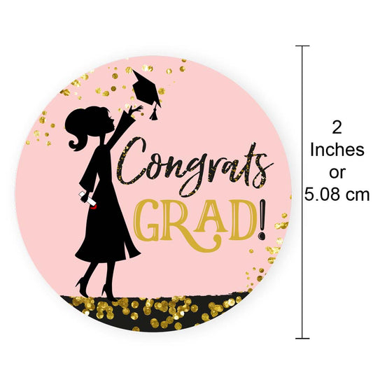 Girl Congrats Grad Graduation Sticker Labels - Pink, Black & Gold - 2"