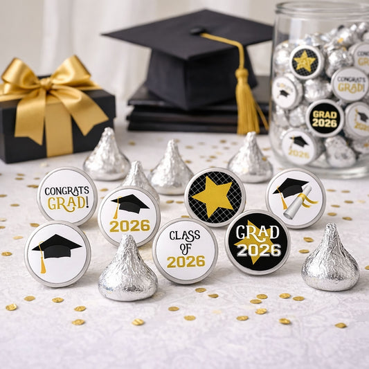 graduation party favor candy stickers on hershey kisses chocolates in black gold and white theme