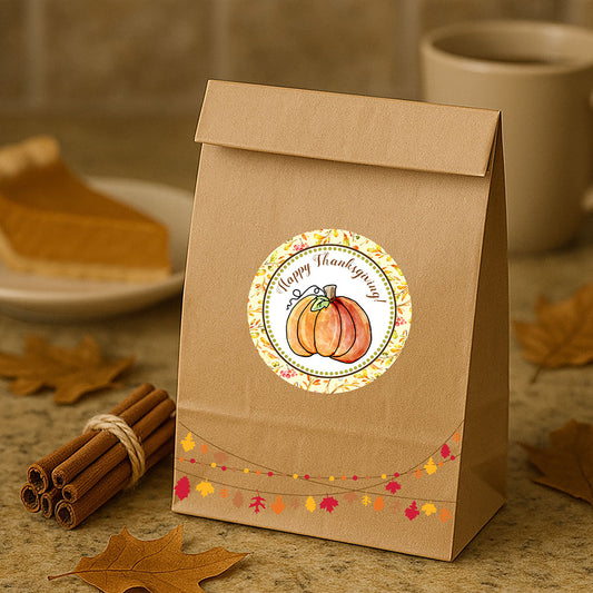 Happy Thanksgiving pumpkin sticker on kraft favor bag with autumn leaves and pumpkin pie on table