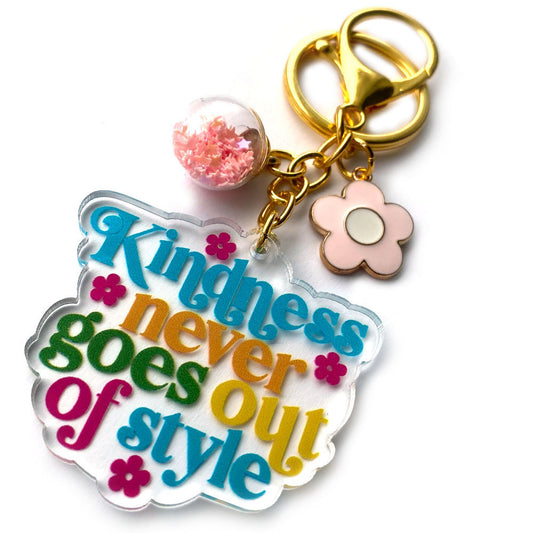 Inspirational acrylic keychain with colorful quote, pink charm and enamel flower accent for gifts and positivity