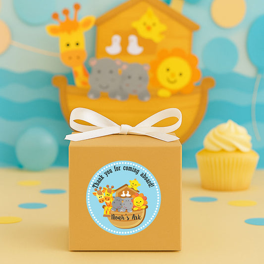 Noah’s Ark party favor sticker on favor box for baby shower or birthday celebration