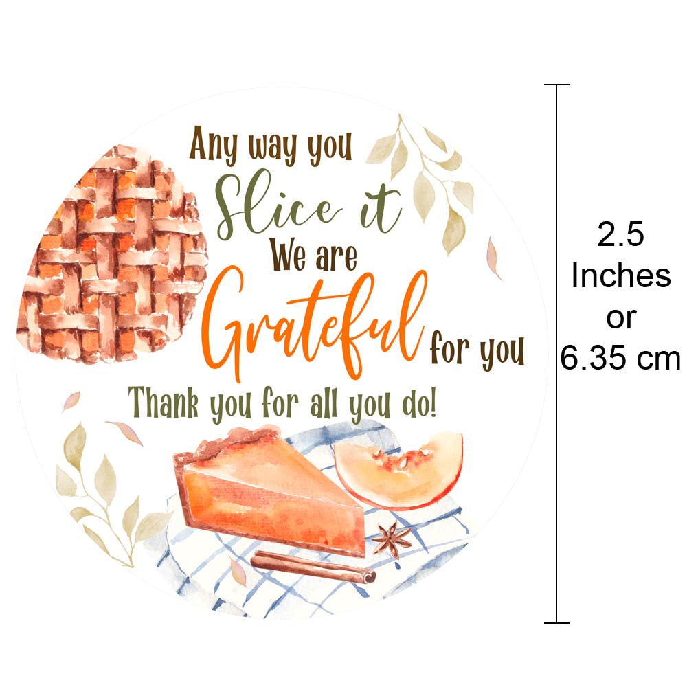 Pumpkin Pie Grateful For You round sticker, 2.5 inches or 6.35 cm in diameter, shown with watercolor pie illustration and gratitude phrase.