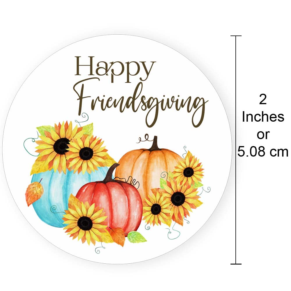 Size reference showing 2 inch Happy Friendsgiving sticker with watercolor pumpkins and sunflower design