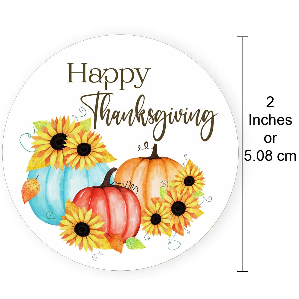 2-inch size reference of Happy Thanksgiving sticker with watercolor pumpkins and sunflowers