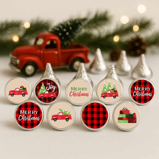 Red Truck Christmas Sticker Labels for Hershey's Kisses Chocolates