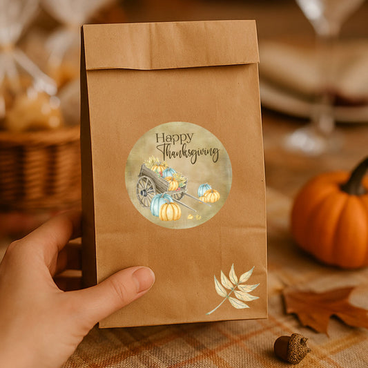 Happy Thanksgiving rustic pumpkin sticker on brown paper favor bag – fall harvest party packaging