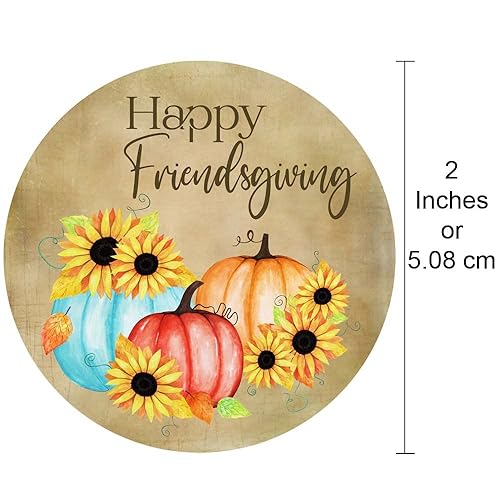 Size reference showing 2 inch Friendsgiving sticker with rustic pumpkin and sunflower design in warm autumn colors