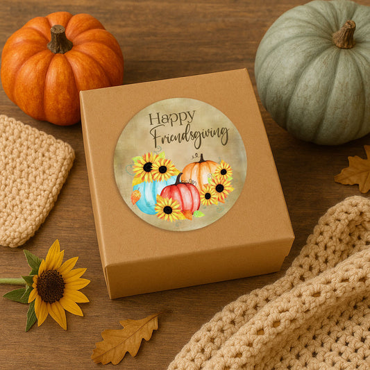 Friendsgiving pumpkin and sunflower sticker on kraft gift box, styled with fall props and cozy farmhouse decor