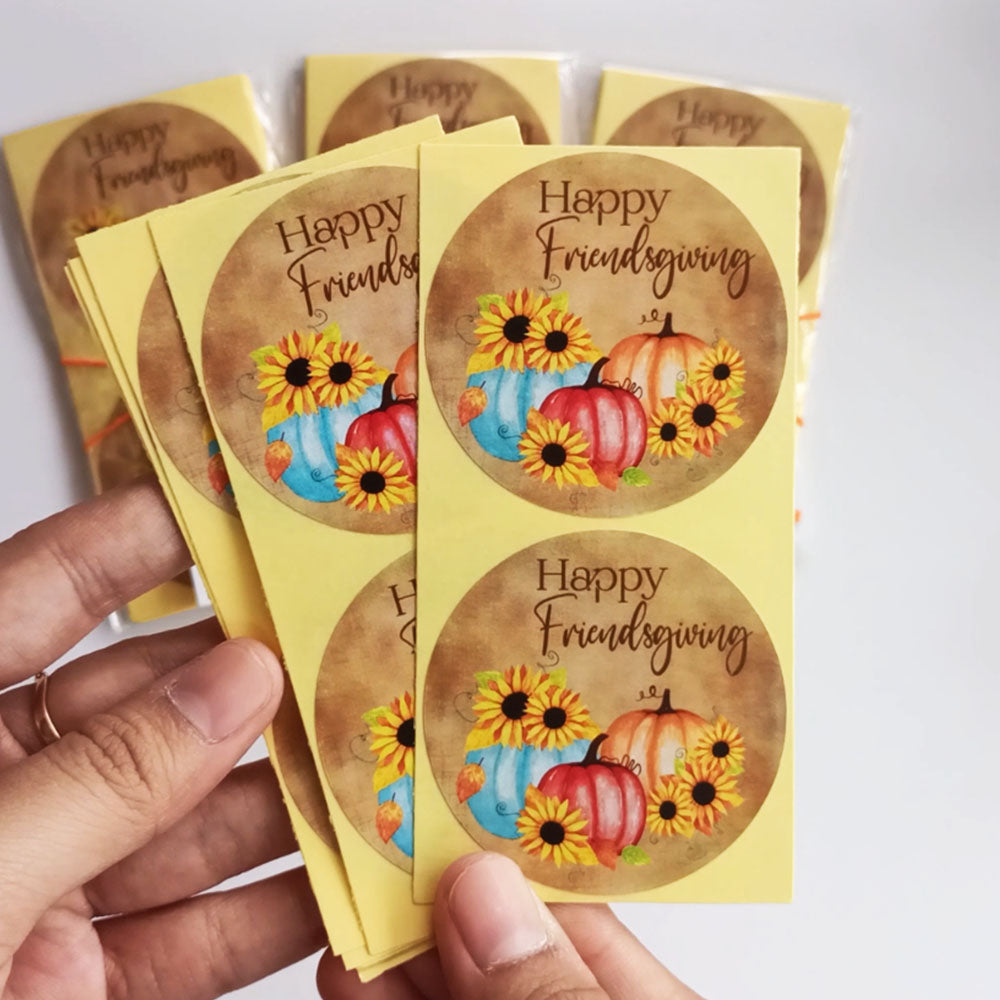 Set of rustic Friendsgiving stickers with watercolor pumpkins and sunflowers, easy peel semi-gloss round labels