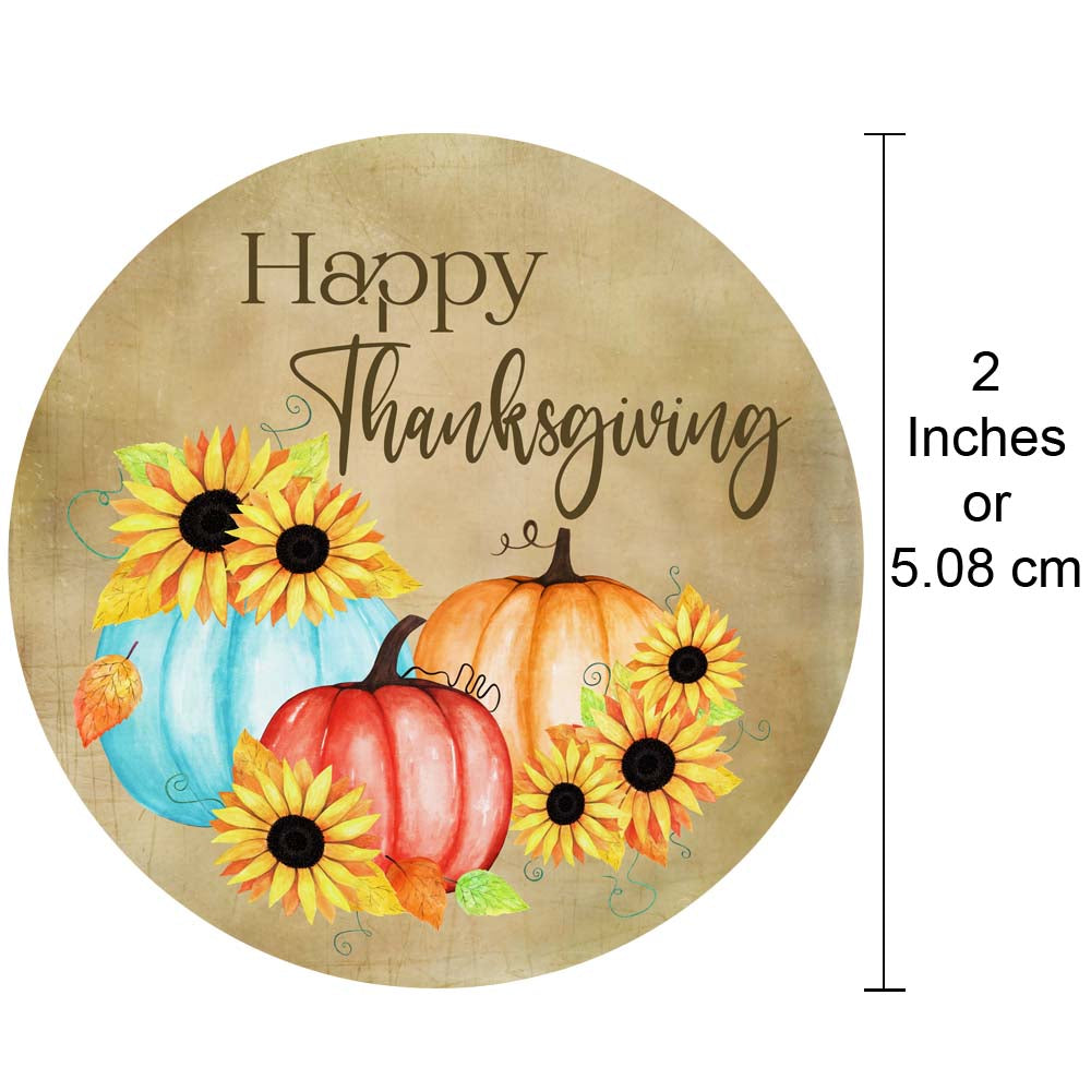 Size reference of 2-inch Happy Thanksgiving sticker with pumpkins and sunflowers