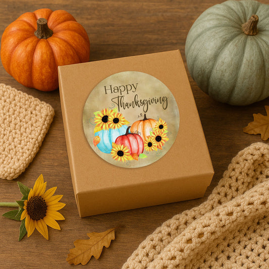 Rustic Thanksgiving pumpkin and sunflower sticker on kraft gift box with autumn decorations