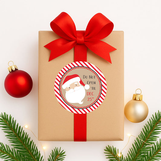 Kraft Christmas gift box with red satin ribbon and Santa sticker reading Do Not Open ’Til Dec. 25 – festive packaging for holiday gifts