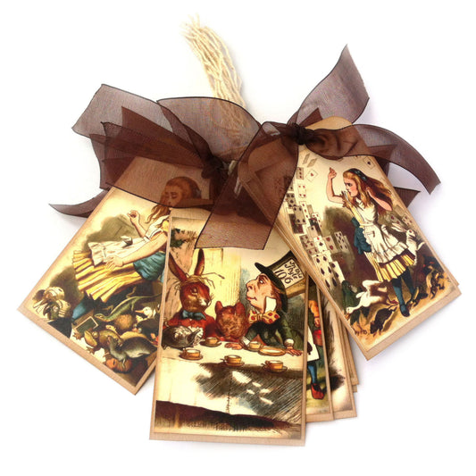 Vintage-inspired Alice in Wonderland favor tags, unique illustrations, pre-strung with ribbon