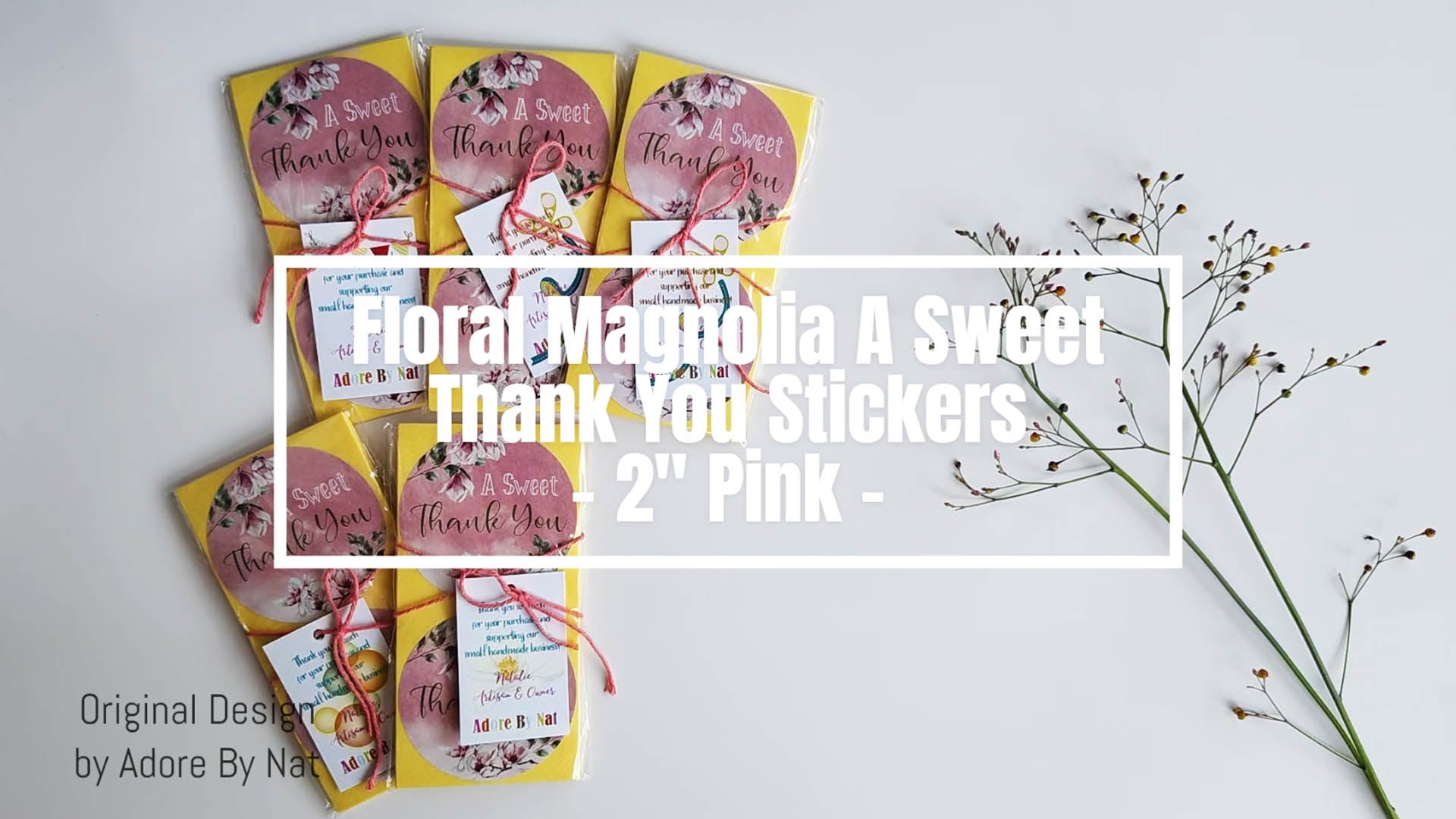 Pink floral thank you stickers shown in two sizes, great for baby shower favors, birthday parties, and boutique packaging