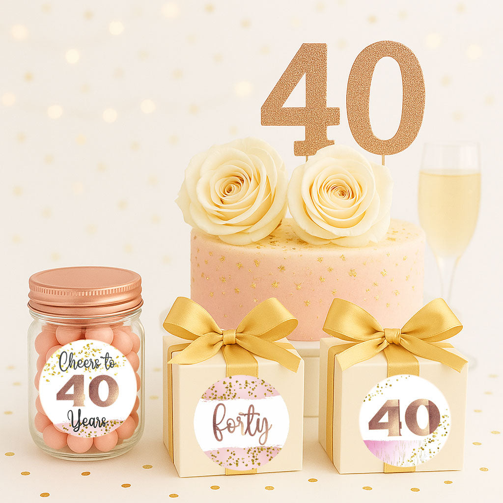 Cheers to 40 Years Party Stickers on Favor Boxes, Bottles, and Gifts