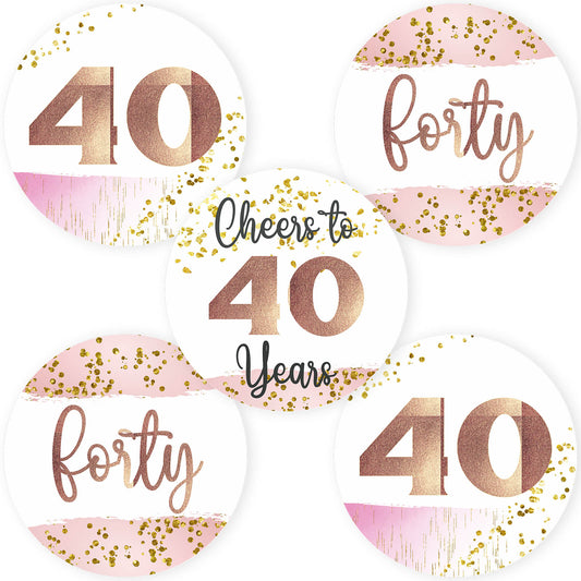 Decorative plates with '40' and 'forty' text in rose gold and pink on a white background.