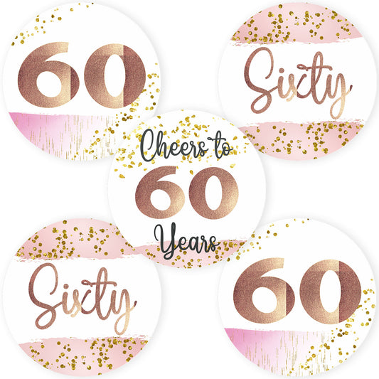 60th birthday rose gold stickers with “Cheers to 60 Years” and “Sixty” designs, round party favor labels in pink and gold