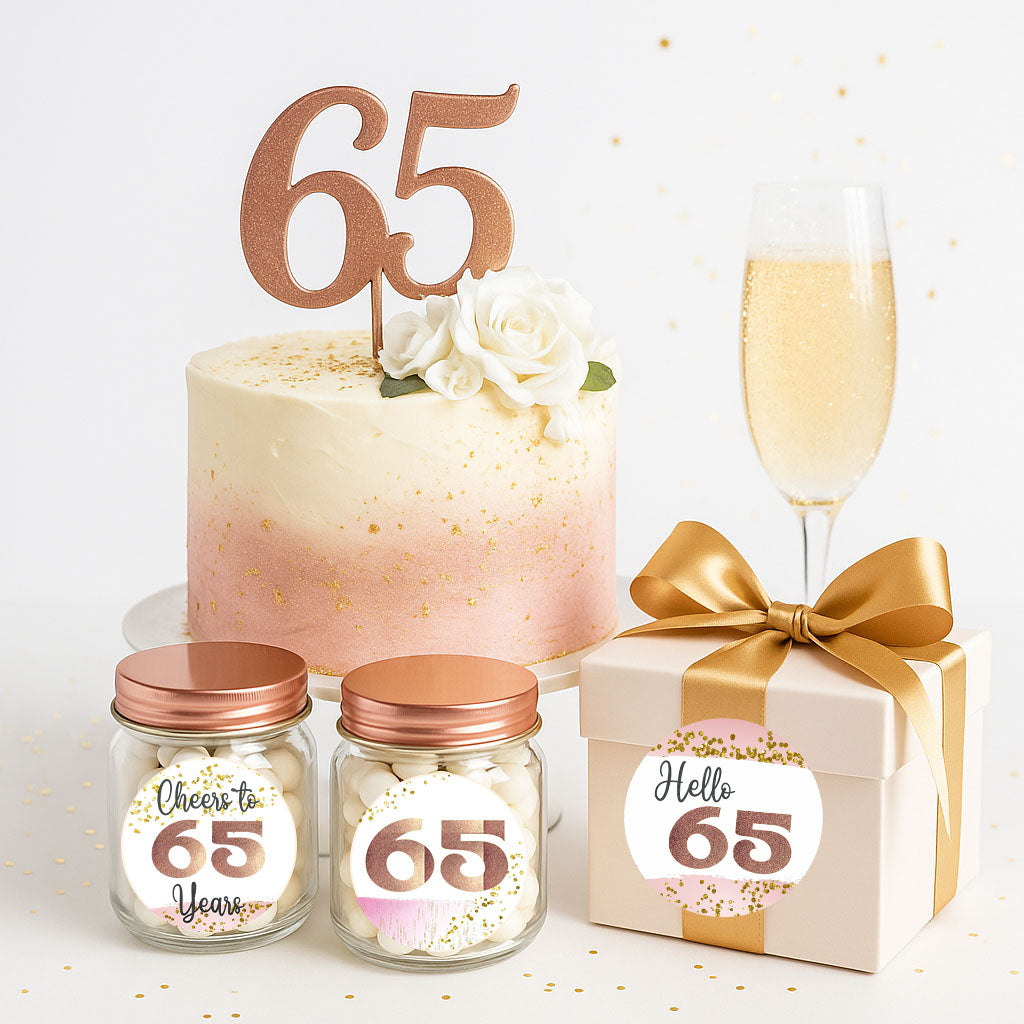 65th Birthday Rose Gold Sticker Labels Lifestyle Image b