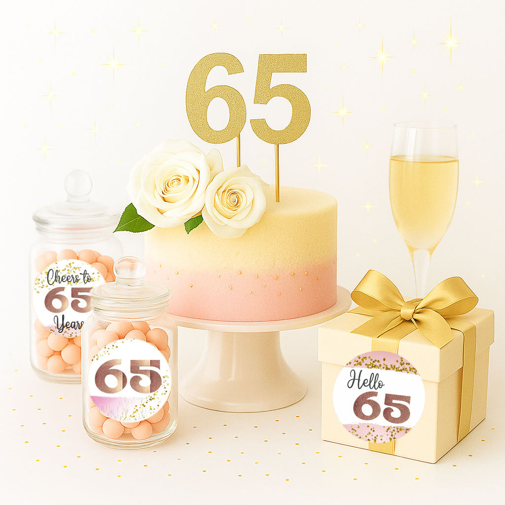 65th Birthday Rose Gold Sticker Labels Lifestyle Image 