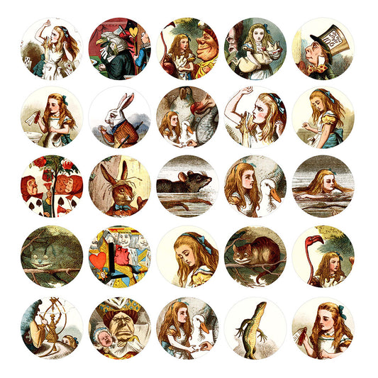 Alice in Wonderland stickers sheet featuring whimsical character designs, 1.5 inch round party favor labels by Adore By Nat