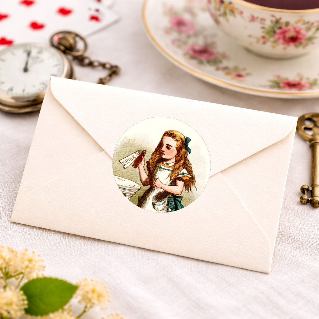 Alice in Wonderland party favor sticker sealing an envelope, vintage style round label for birthday invitations
