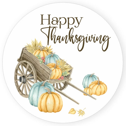 Watercolor Thanksgiving sticker with wheelbarrow, pumpkins, and “Happy Thanksgiving” greeting, 2.5 inch round label.