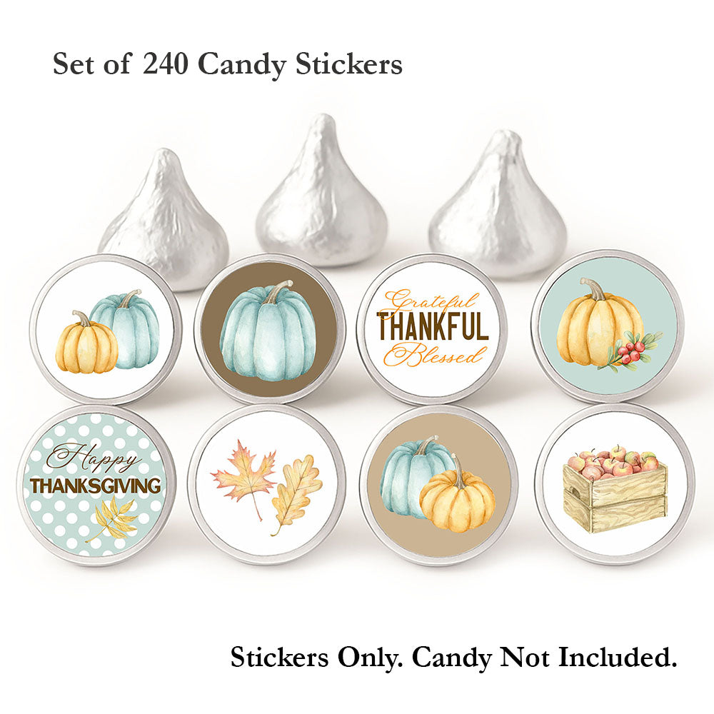 Set of 240 blue pumpkin Thanksgiving candy stickers in eight designs, shown on chocolates for illustration; candy not included.