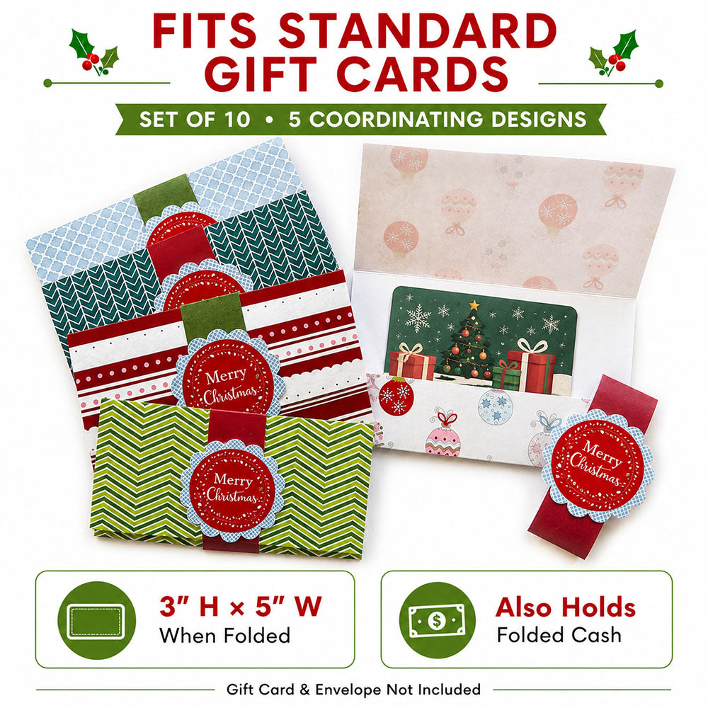 Christmas gift card holders in five festive patterns with coordinating belly bands and red Merry Christmas labels