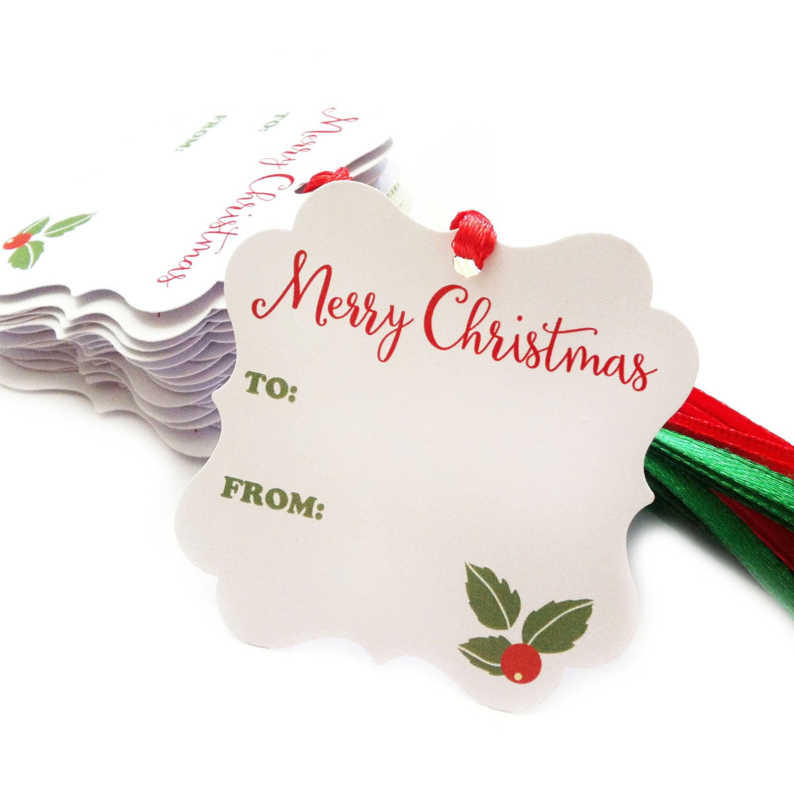 Stack of Merry Christmas holiday gift tags with holly design, pre-strung with red and green ribbons, set of 24