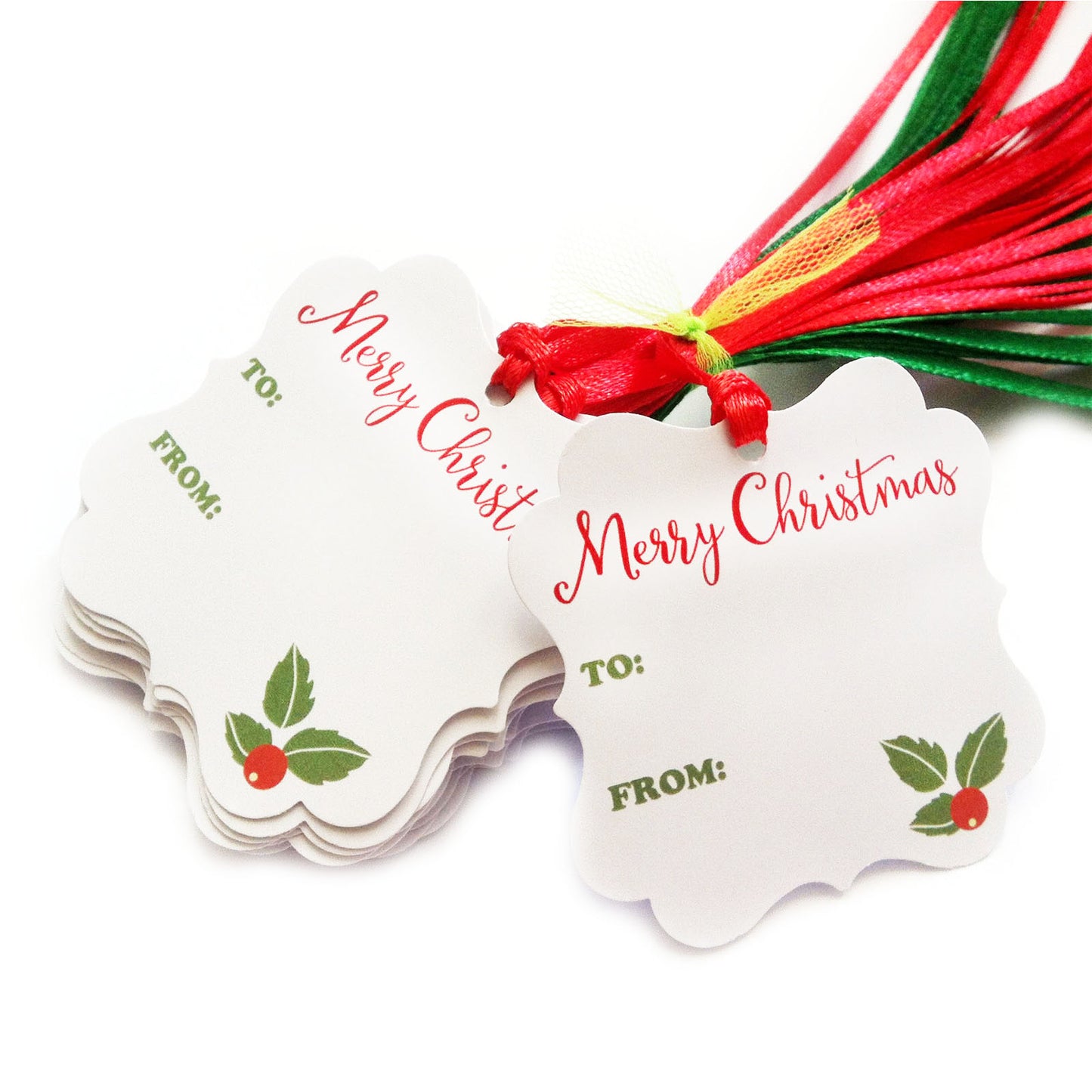 Merry Christmas scalloped gift tags with red and green ribbons, blank To and From fields, festive holly illustration