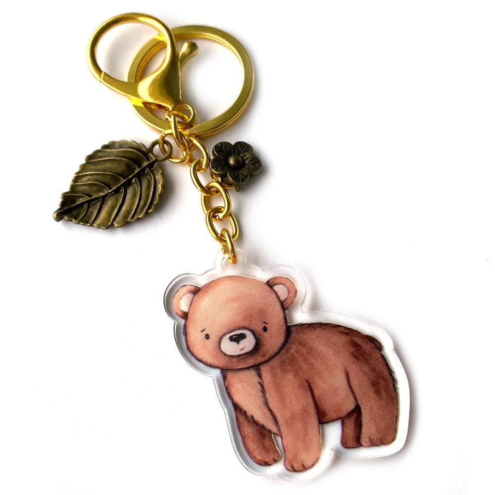 Cute Bear Keychain with Acrylic Charm, Leaf Accent and Gold Clasp ...
