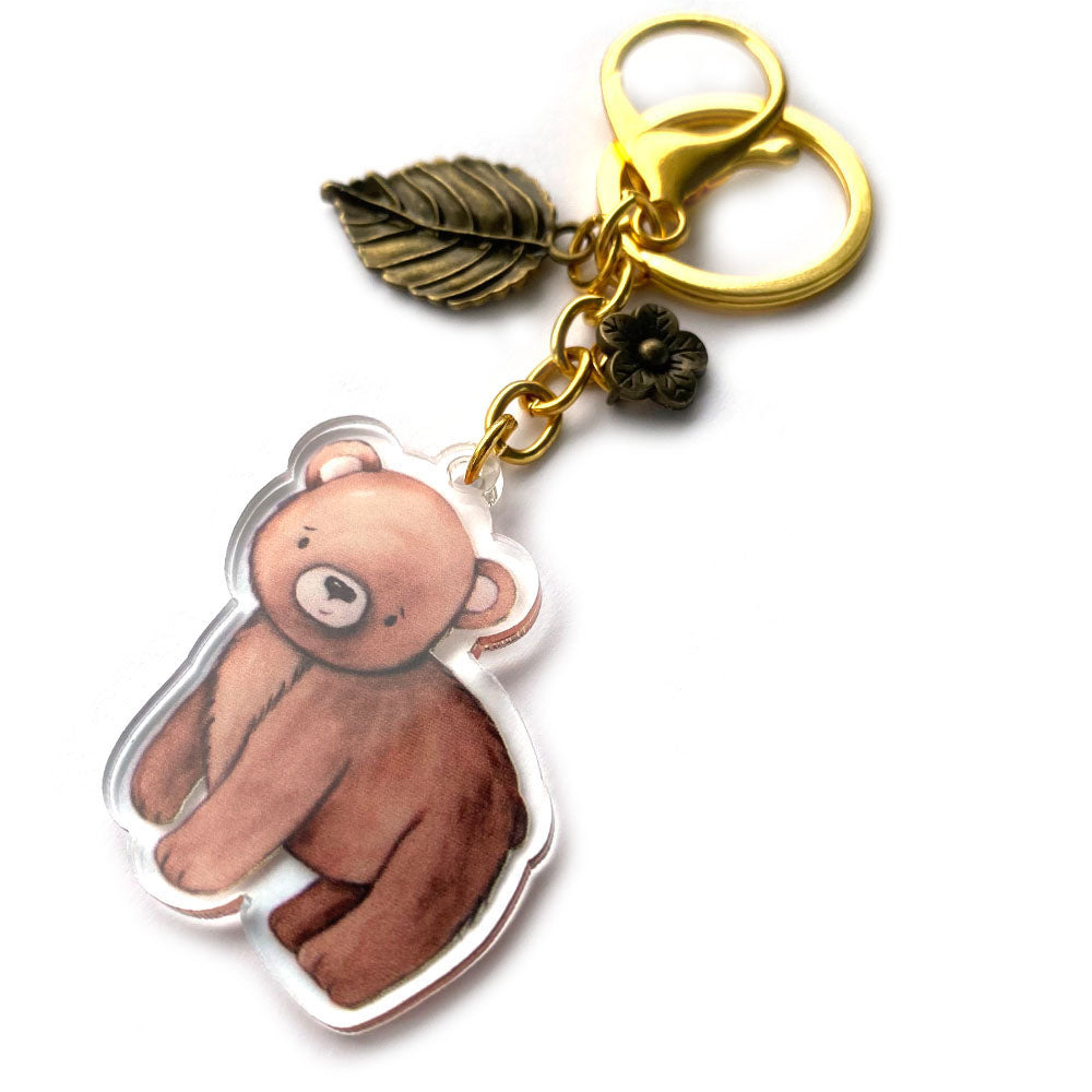 Cute Bear Keychain with Acrylic Charm, Leaf Accent and Gold Clasp ...