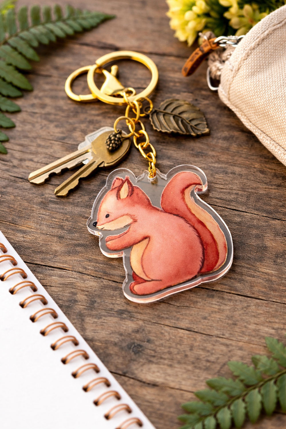 squirrel acrylic keychain with leaf charm attached to house keys on rustic wooden desk with woodland decor