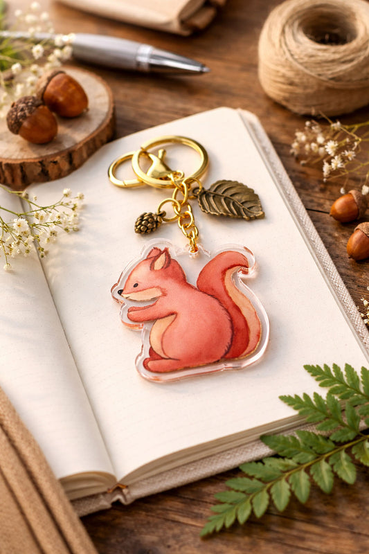 squirrel acrylic keychain with leaf charm resting on open notebook surrounded by woodland styled decor