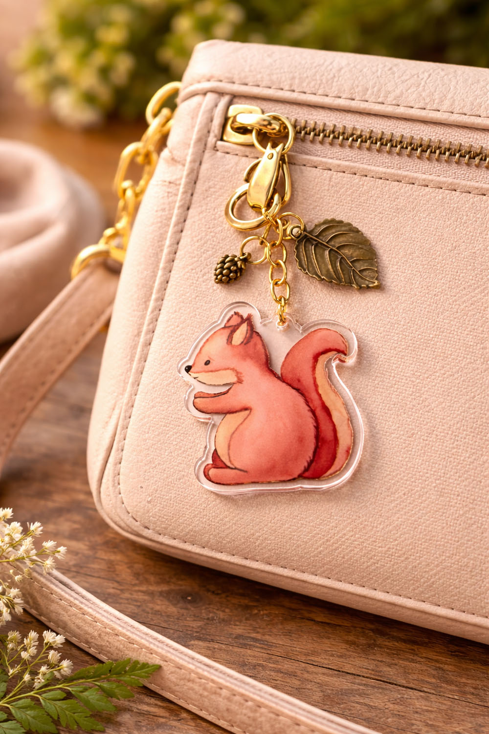 squirrel acrylic keychain with leaf charm attached to blush handbag zipper as a decorative bag charm