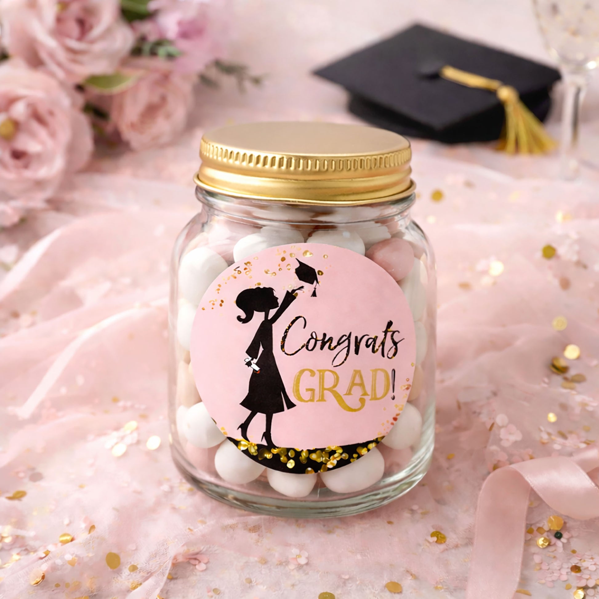 girl graduation party sticker label on mason jar favor