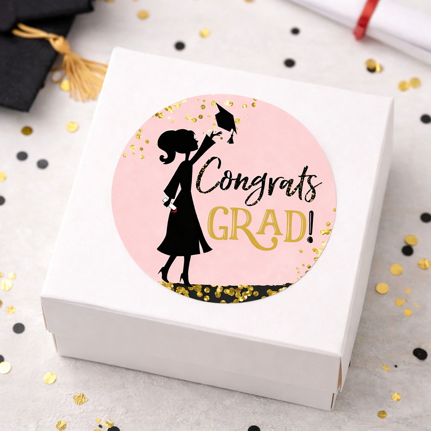 pink black and gold graduation sticker label on graduation favor gift box